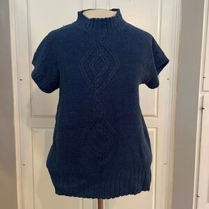 Vintage Nuons Knit Top Short Sleeve Blue Cable Mock Neck‎ Silk Rayon Sweater